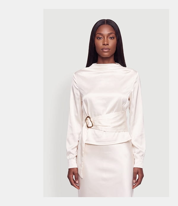 Shop Satin Metallic Tie Front Detail Funnel Neck Blouse