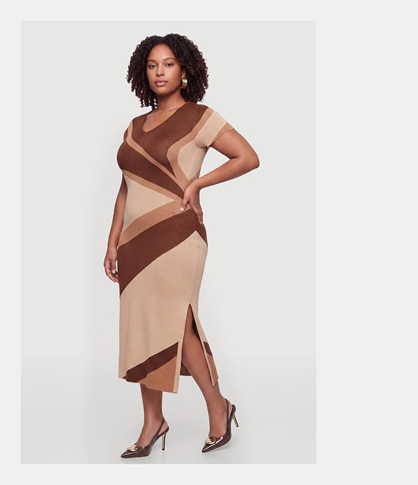 Shop Plus Size Color Blocked Side Slit Midi Sweater Dress