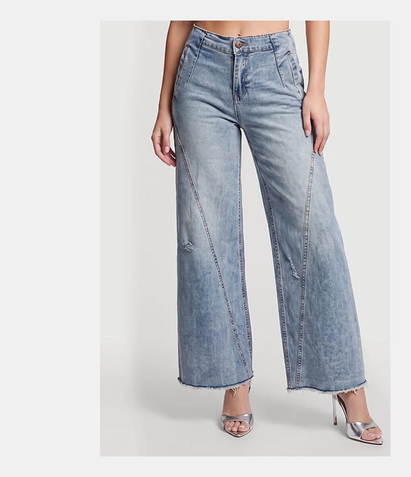 Shop Decorative Stitch Frayed Hem Wide Leg Distressed Jeans