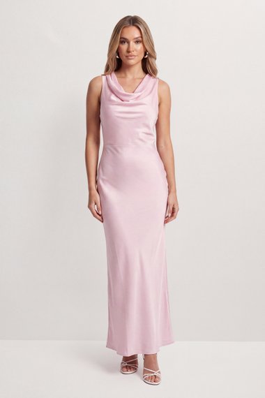 Satin Cowl Wrap Neck Maxi Bridesmaid Dress