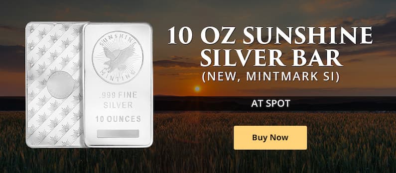 SILVER AT SPOT: 10 oz Sunshine Silver Bar (New, MintMark SI)