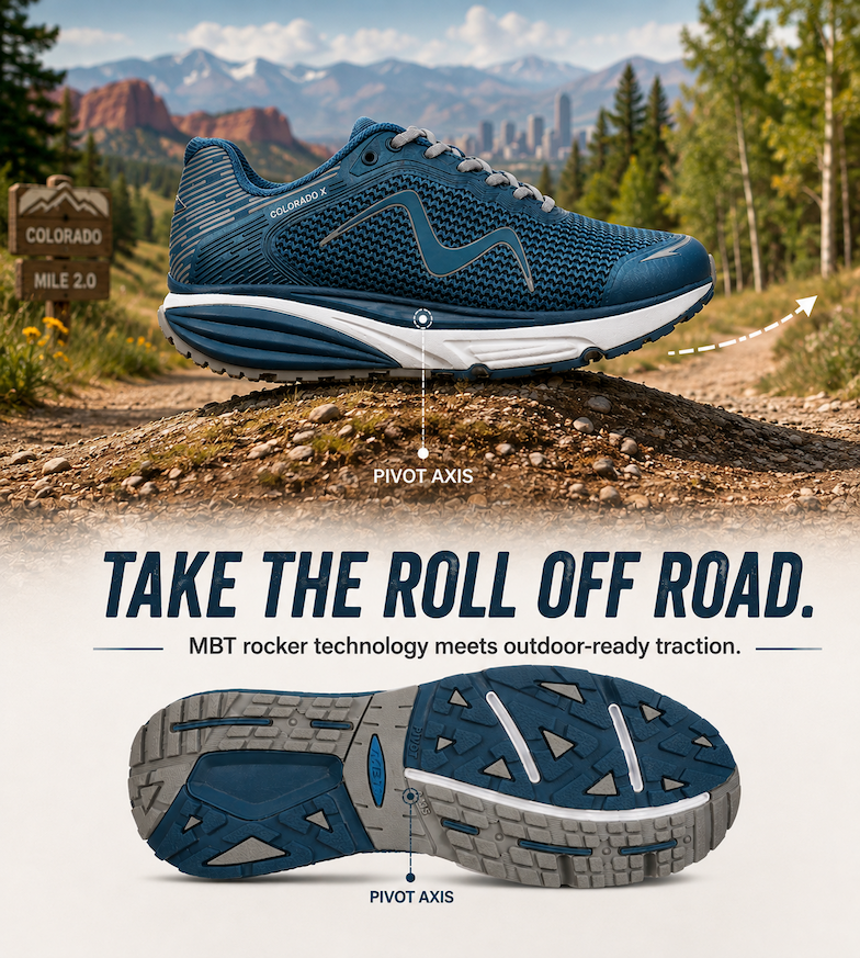 Colorado X outdoor walking shoe on a Colorado trail, highlighting MBT Pivot Axis rocker technology and rugged outsole traction.