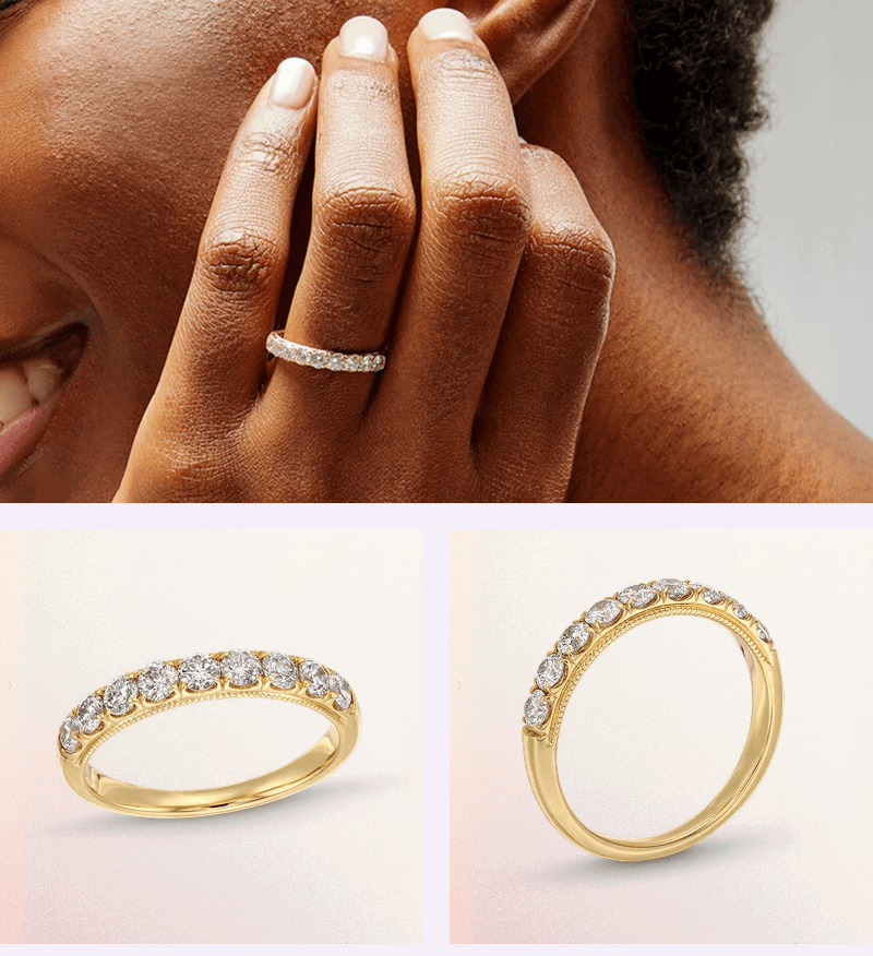 Lifestyle & product shots of gold ring band with round diamonds lined on top.