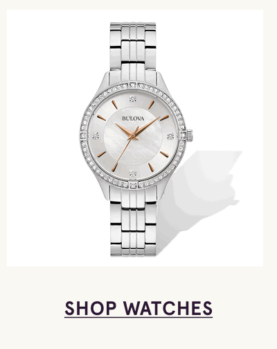 Silver-toned Bulova watch with diamond-accented bezel, white mother-of-pearl dial & steel link bracelet. Click here for to shop watches