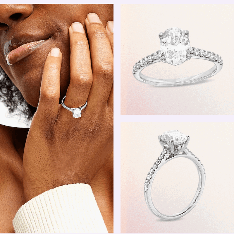 Lifestyle & product shots of white gold ring band with oval-cut centered diamond & diamonds lined on front half of band.