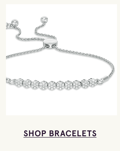 Bolo-style drawstring chain bracelet with row of interconnected, encrusted clusters. Click here to shop bracelets
