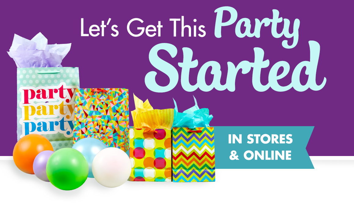 Let's Get This Party Started. Image of gift bags and balloons.