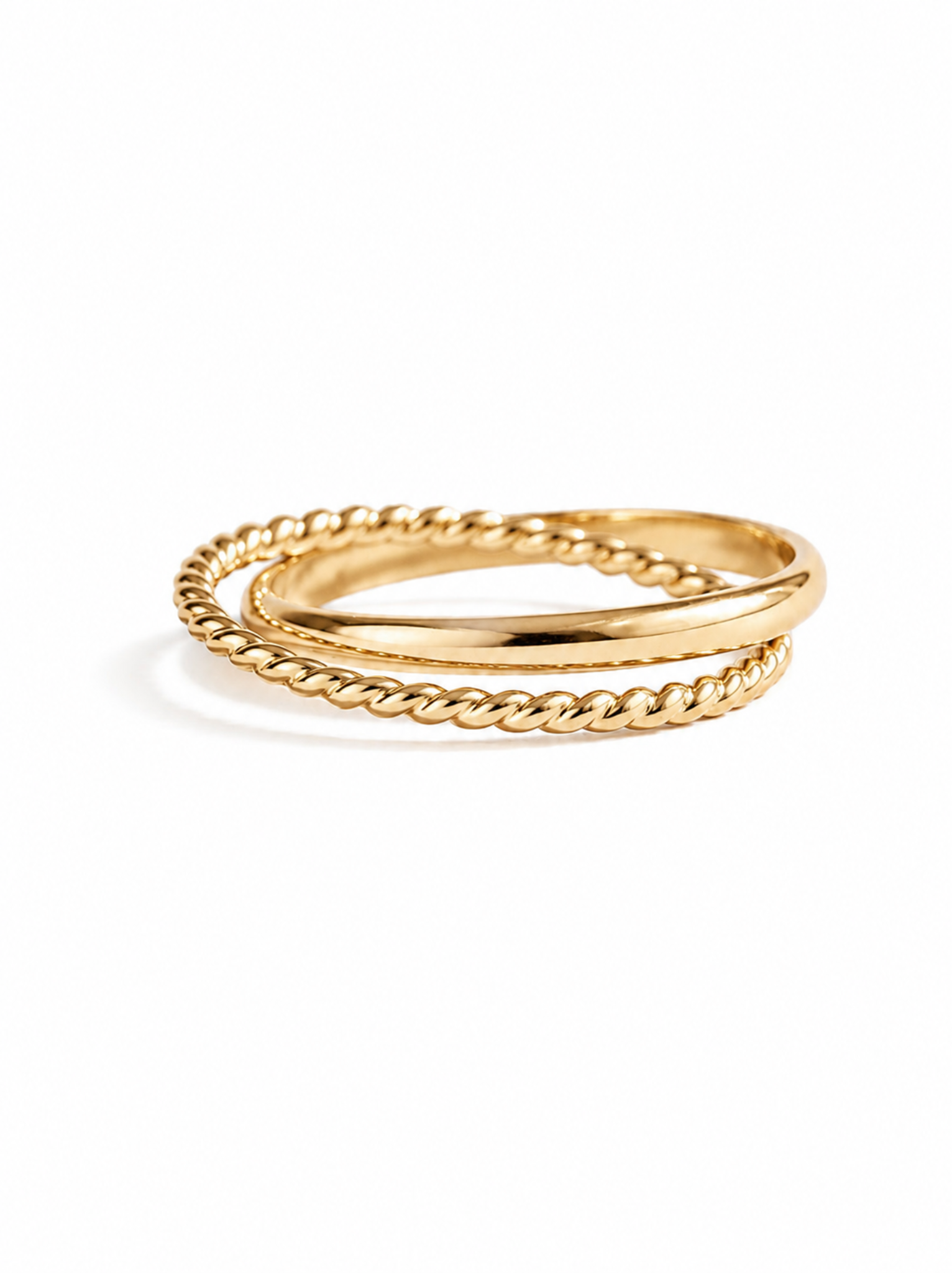 Two gold bands interlocked ring, one solid one twisted.