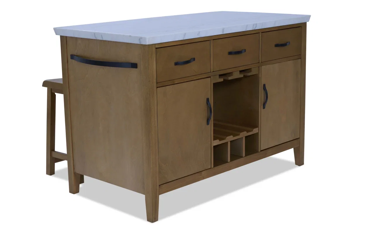 Elm 3 Piece Natural & White Marble Storage Counter Height Kitchen Island Set
