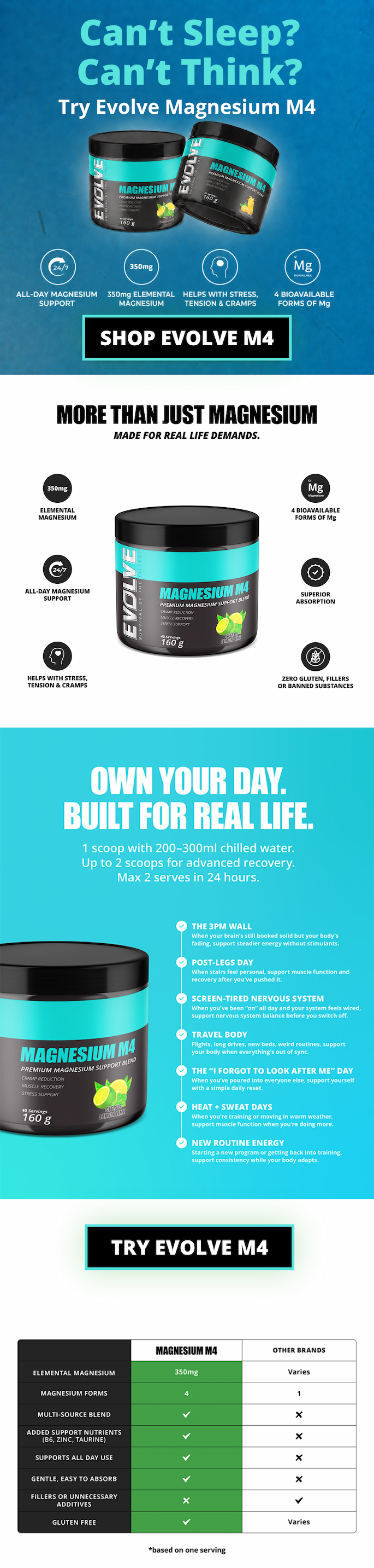Magnesium supplement products with promotional text on a gray background