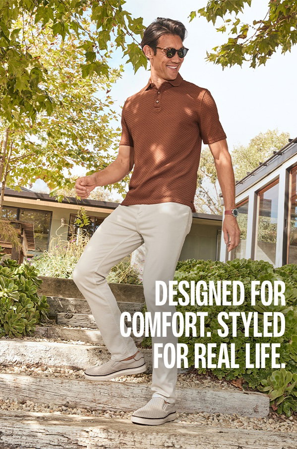 Model wearing a brown patterned polo, light pants, and McGuffey 2 Slip-On shoes outdoors. Text reads: 