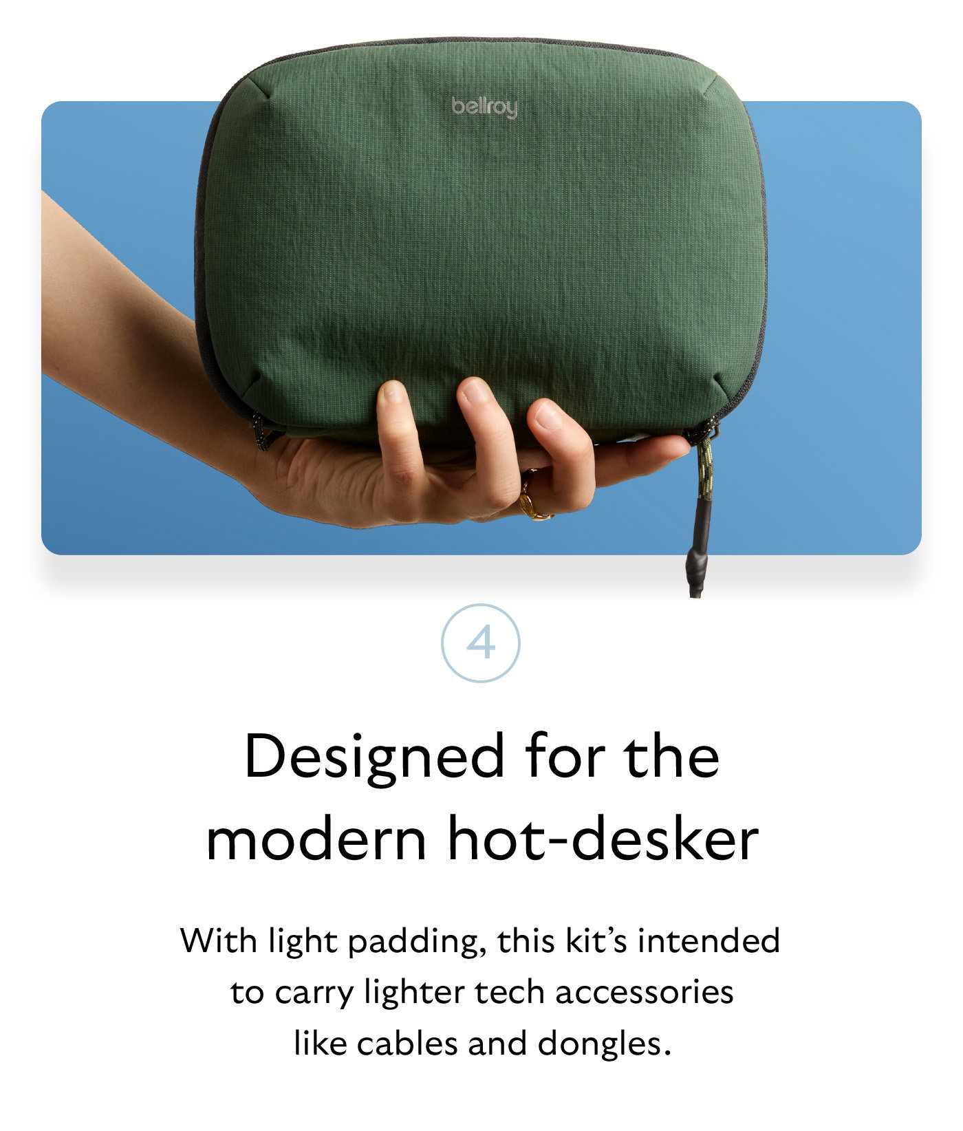 [Header] Designed for the modern hot-desker [Blurb] With light padding, this kit’s intended to carry lighter tech accessories like cables and dongles.
