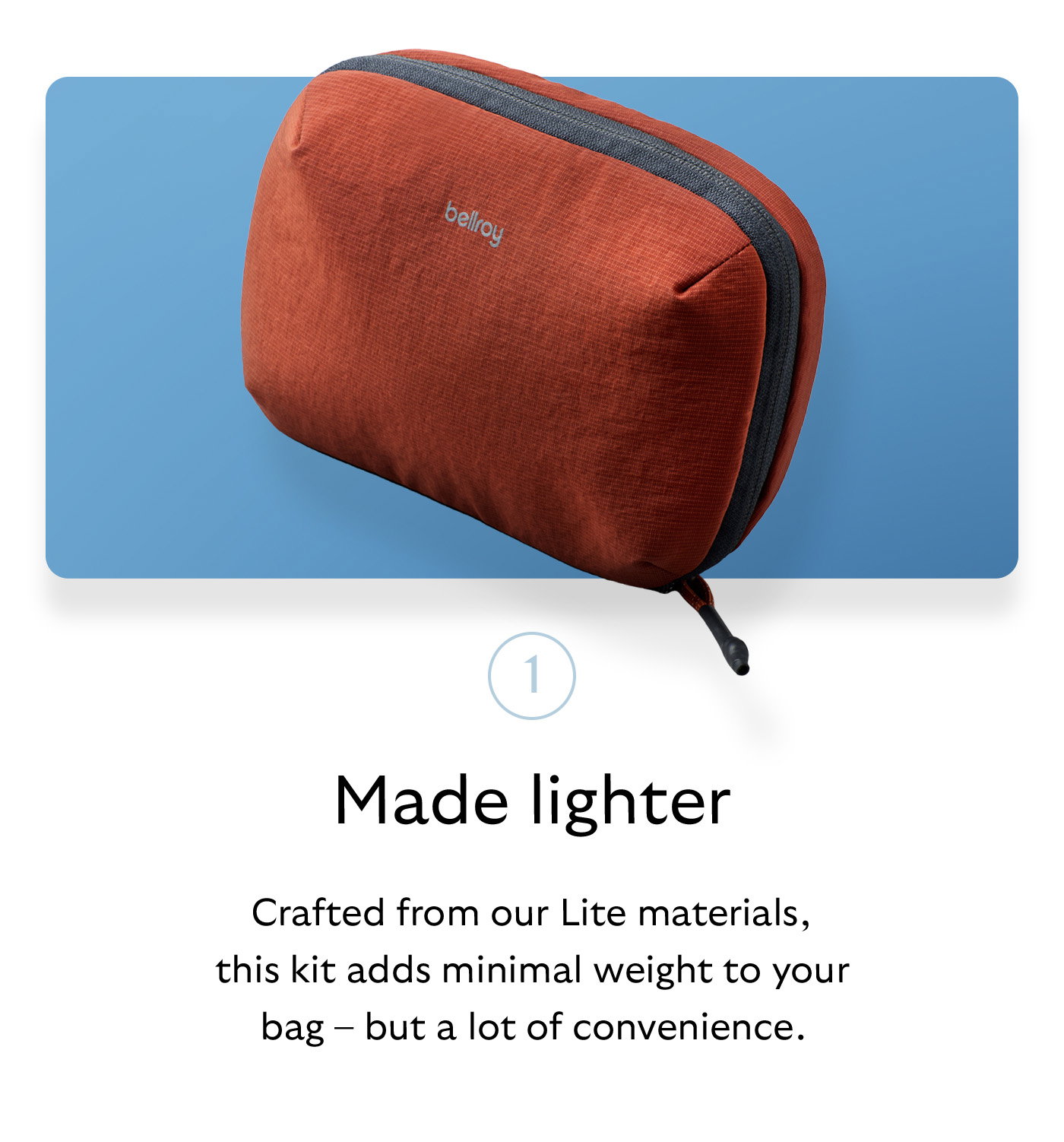 [Header] Made lighter [Blurb] Crafted from our Lite materials, this kit adds minimal weight to your bag – but a lot of convenience. 