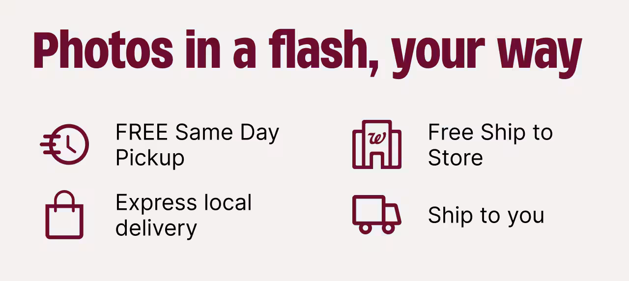 Photos in a flash, your way  FREE Same Day Pickup >  FREE Ship to Store >  Express local delivery >  Ship to you >
