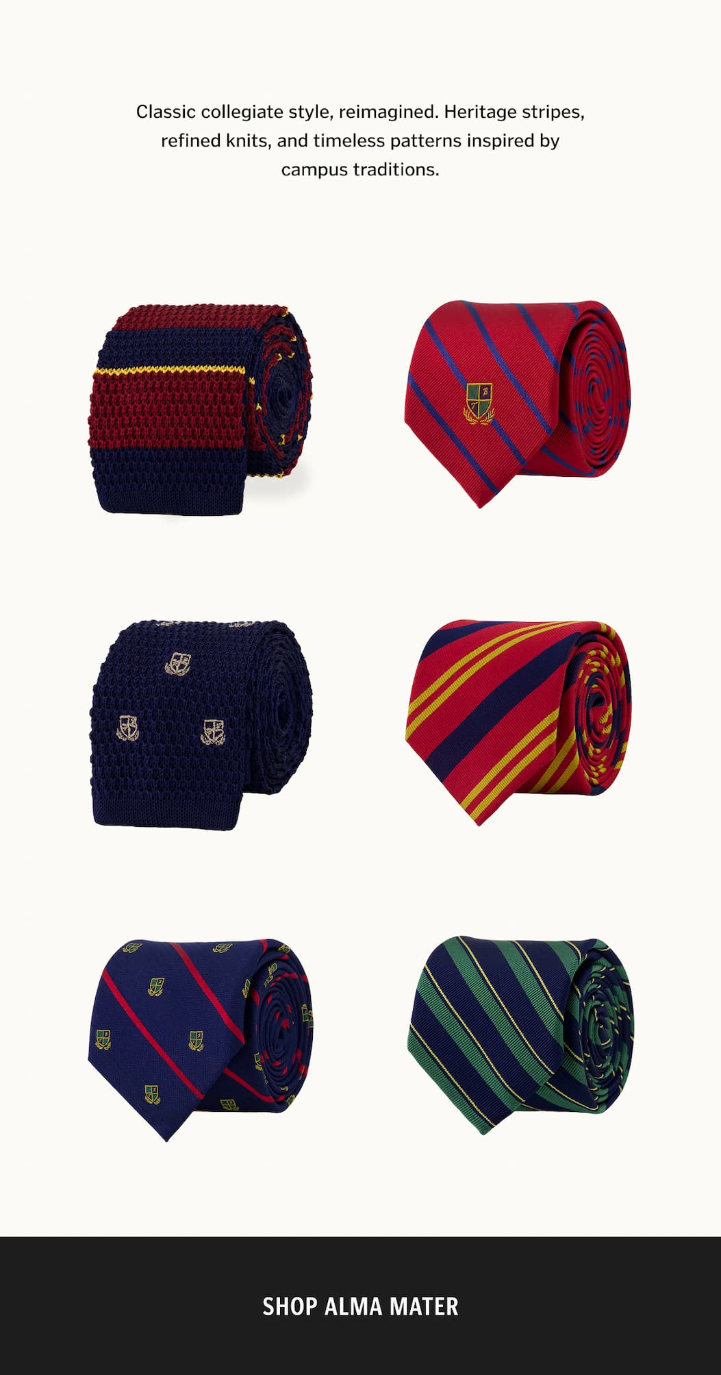 Classic collegiate style, reimagined. Heritage stripes, refined knits, and timeless patterns inspired by campus traditions.