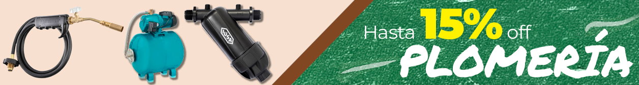 Three plumbing items (spray hose, small pressure tank, inline filter) against beige and green banner reading "Up to 15% off plumbing"