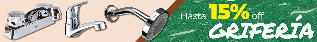 Chrome bathroom and kitchen taps and showerhead on promotion banner — up to 15% off taps