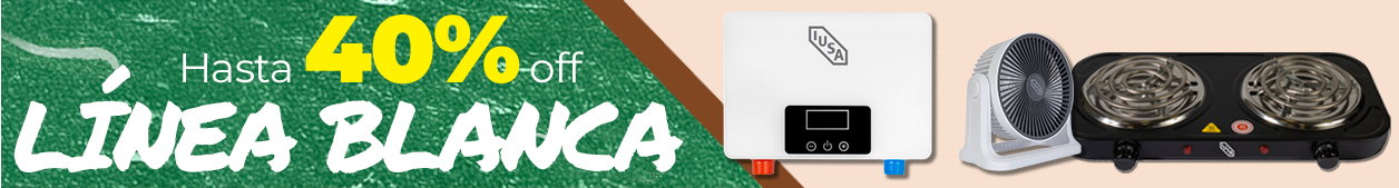 Banner: up to 40% off white goods — water heater, tabletop fan and double electric hotplate on green background