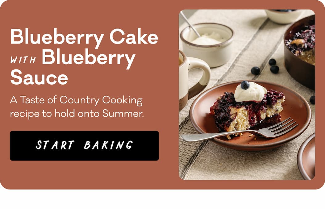 Blueberry Cake with Blueberry Sauce - A Taste of Country Cooking recipe to hold onto Summer. Start Baking
