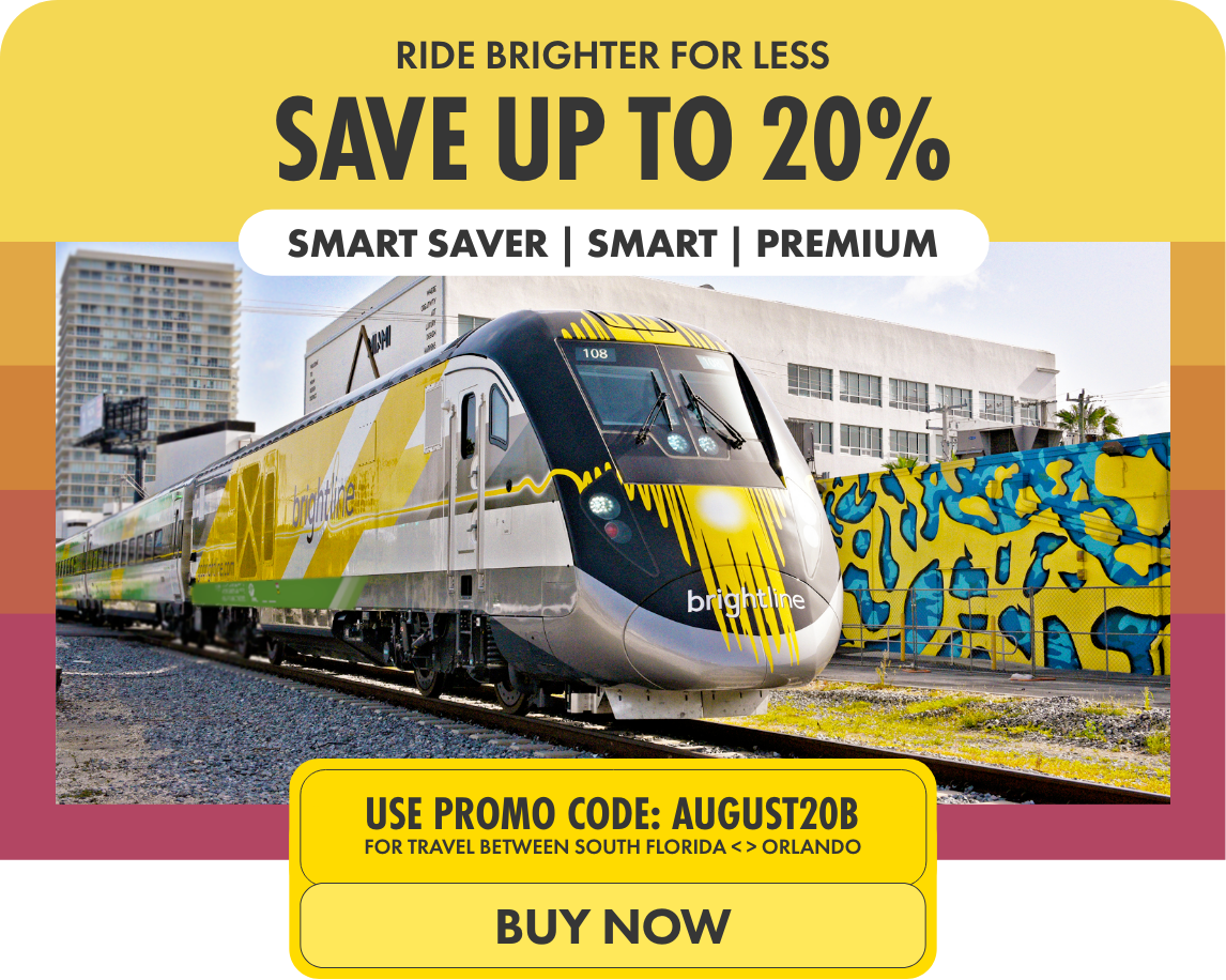 Promotional graphic featuring a modern Brightline passenger train in front of a colorful graffiti wall. The headline text advertises savings of up to 20% with smart saver, smart, and premium fare options. A yellow coupon box highlights the promo code AUGUST20B for travel between South Florida and Orlando. The overall design uses bold yellow, orange, and pink gradients with a prominent call-to-action button reading BUY NOW.