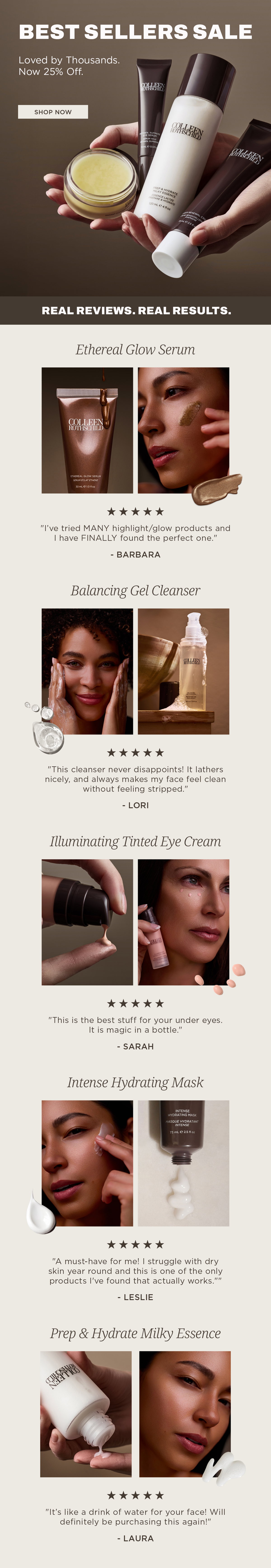 This email highlights the Colleen Rothschild Beauty Best Sellers Sale with 25% off customer-favorite skincare backed by 5-star reviews. Featured products include Ethereal Glow Serum, Balancing Gel Cleanser, Illuminating Tinted Eye Cream, Intense Hydrating Mask, and Prep & Hydrate Milky Essence. Discover bestselling skincare that hydrates, brightens, cleanses, soothes dry skin, and creates healthy-looking, glowing skin, all recommended and repurchased by thousands of customers.