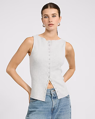 Ribbed Boat Neck Button Front Knit Tank