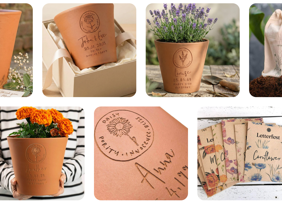 Collage showing personalised engraved flower pots with different names and designs