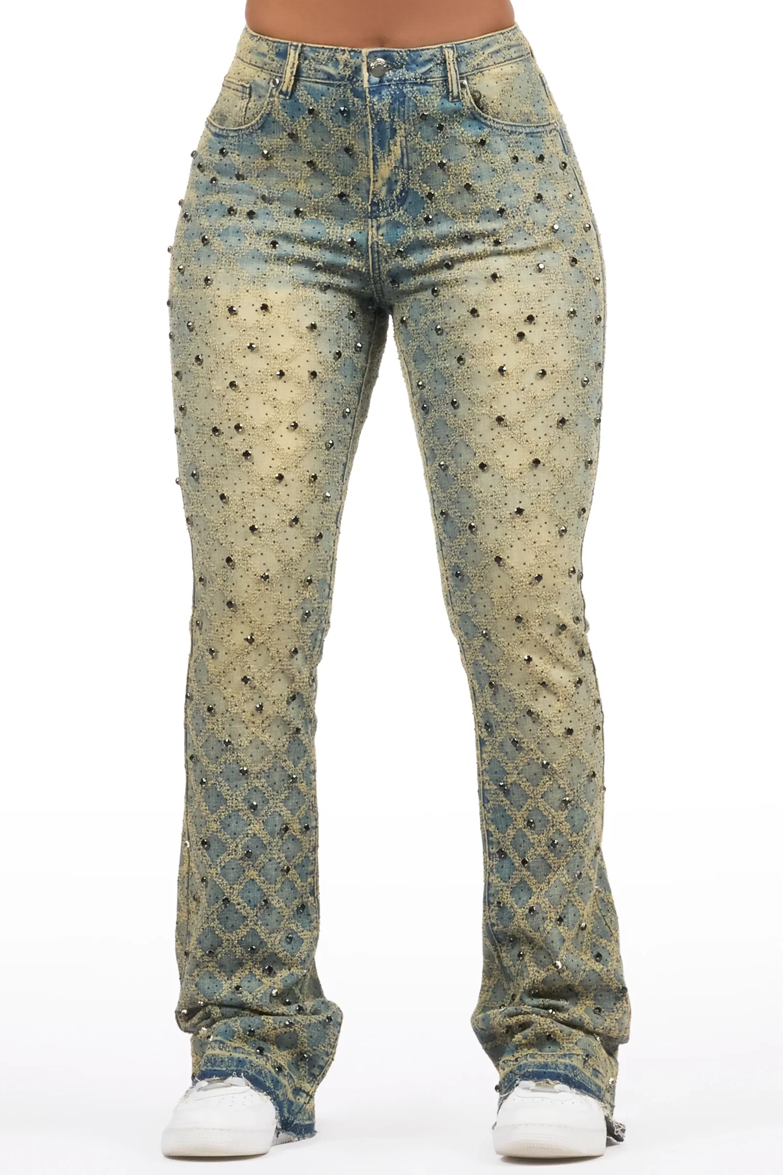Image of Sareka Tinted Dark Wash Rhinestone Stacked Flare Jean