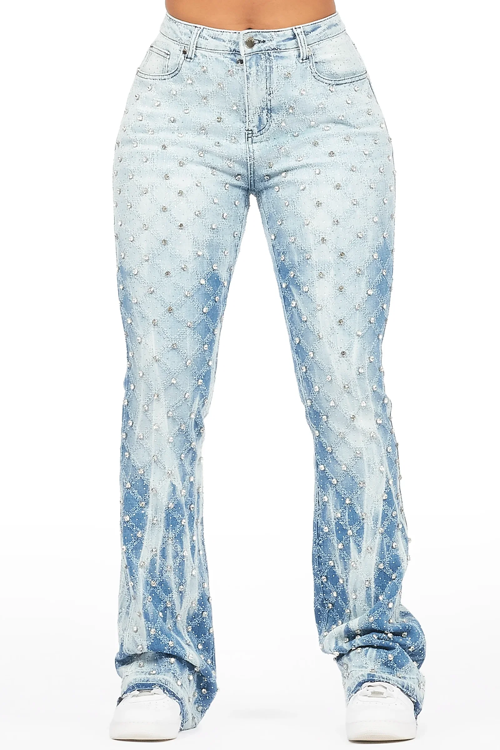 Image of Sareka Light Wash Rhinestone Stacked Flare Jean