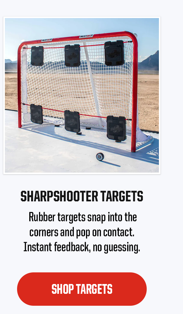 Product Block 2: Sharpshooter Targets. Rubber targets snap into the corners and pop on contact. Instant feedback, no guessing. CTA: Shop Targets