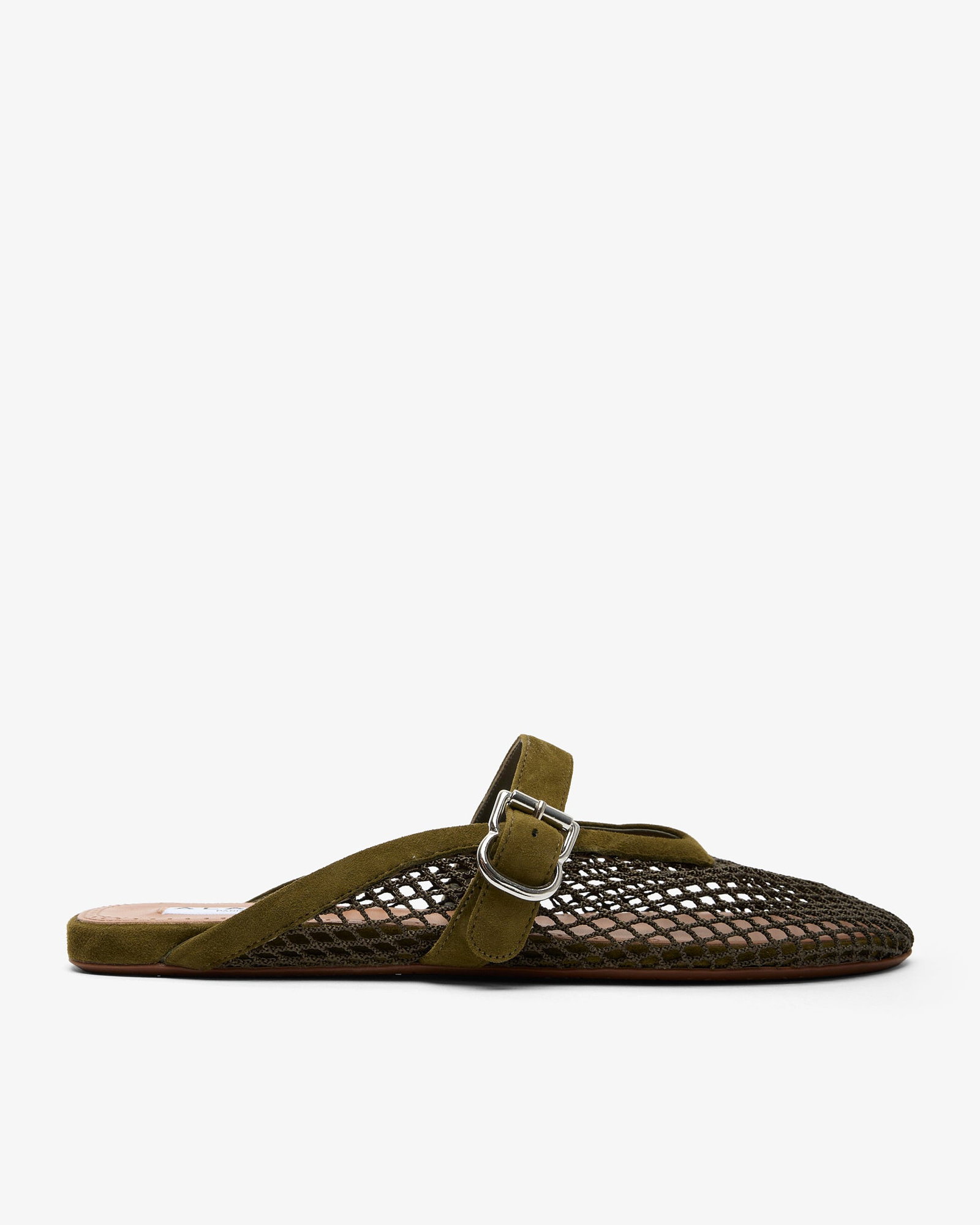 Khaki green suede leather mesh slip on mule flats