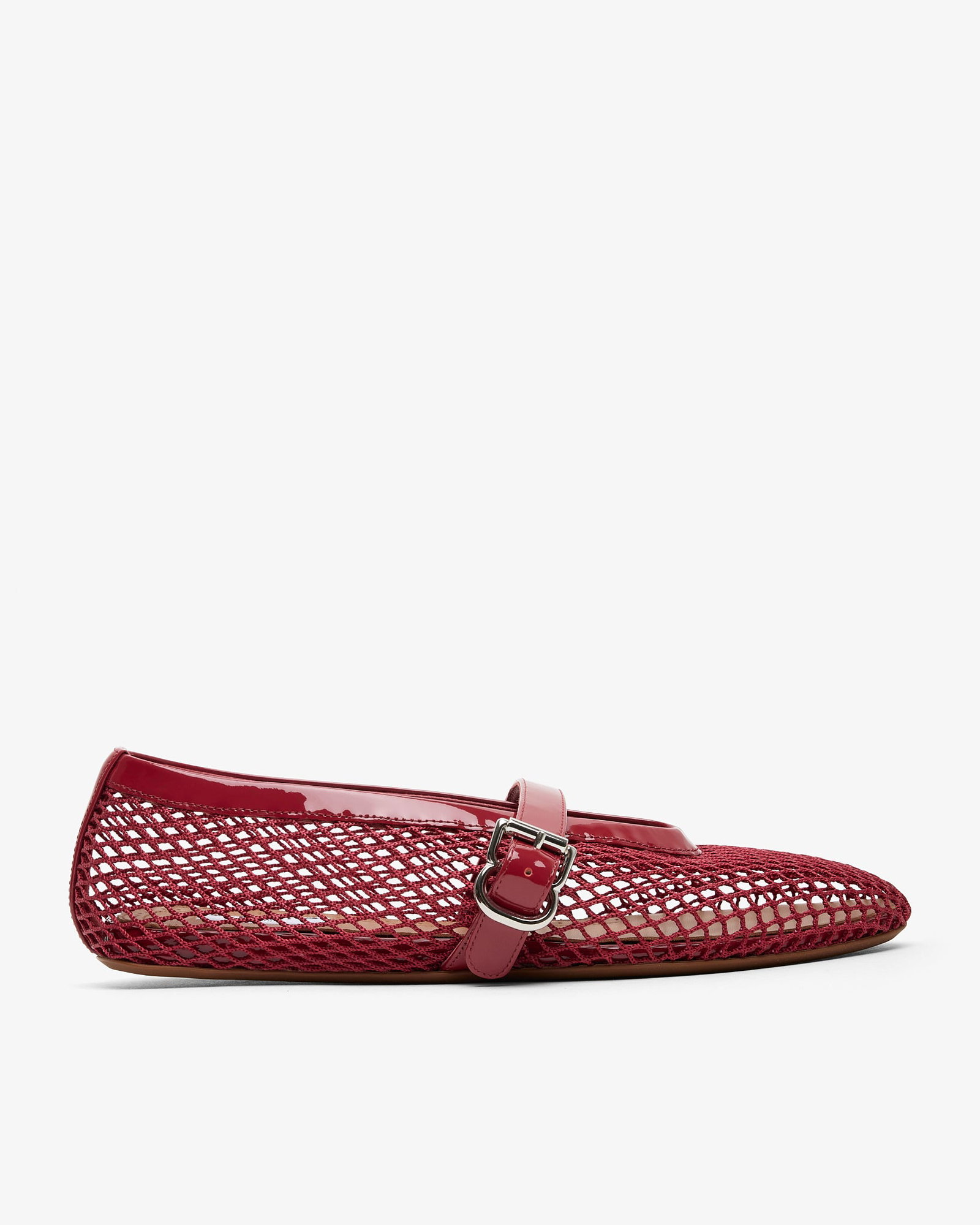 Red fishnet mesh patent leather ballet flats