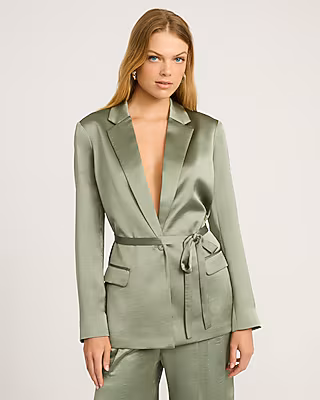 Satin One Button Tie Waist Blazer