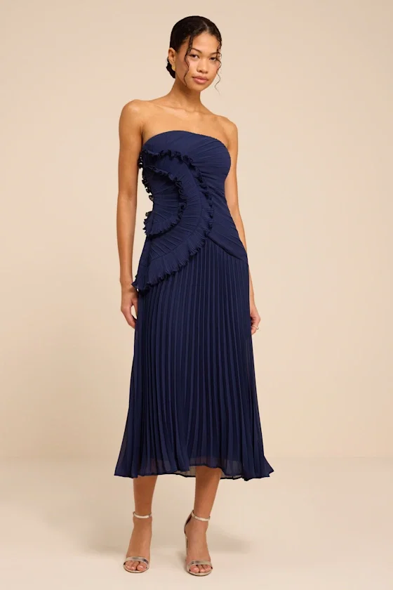 Image of Brylee Navy Pleated Ruffled Midi Dress
