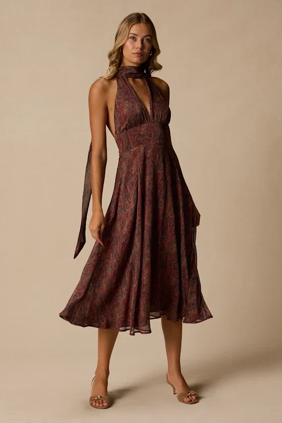 Image of Kylinda Rust Multi Paisley Midi Dress and Scarf Set