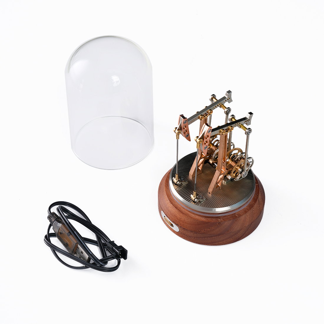 3D Metal Dynamic Double-Head Oil Pumping Unit Model with Glass Cover & Wood Base (Finished)