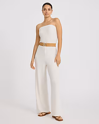 Crinkle Strapless Belted Wide Leg Jumpsuit