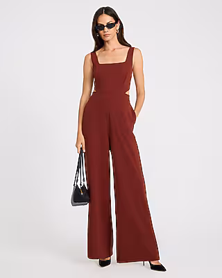 Crepe Square Neck Cutout Wide Leg Jumpsuit with Pockets