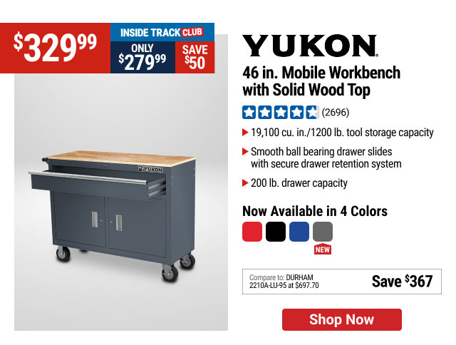 YUKON 46 in. Mobile Workbench with Solid Wood Top