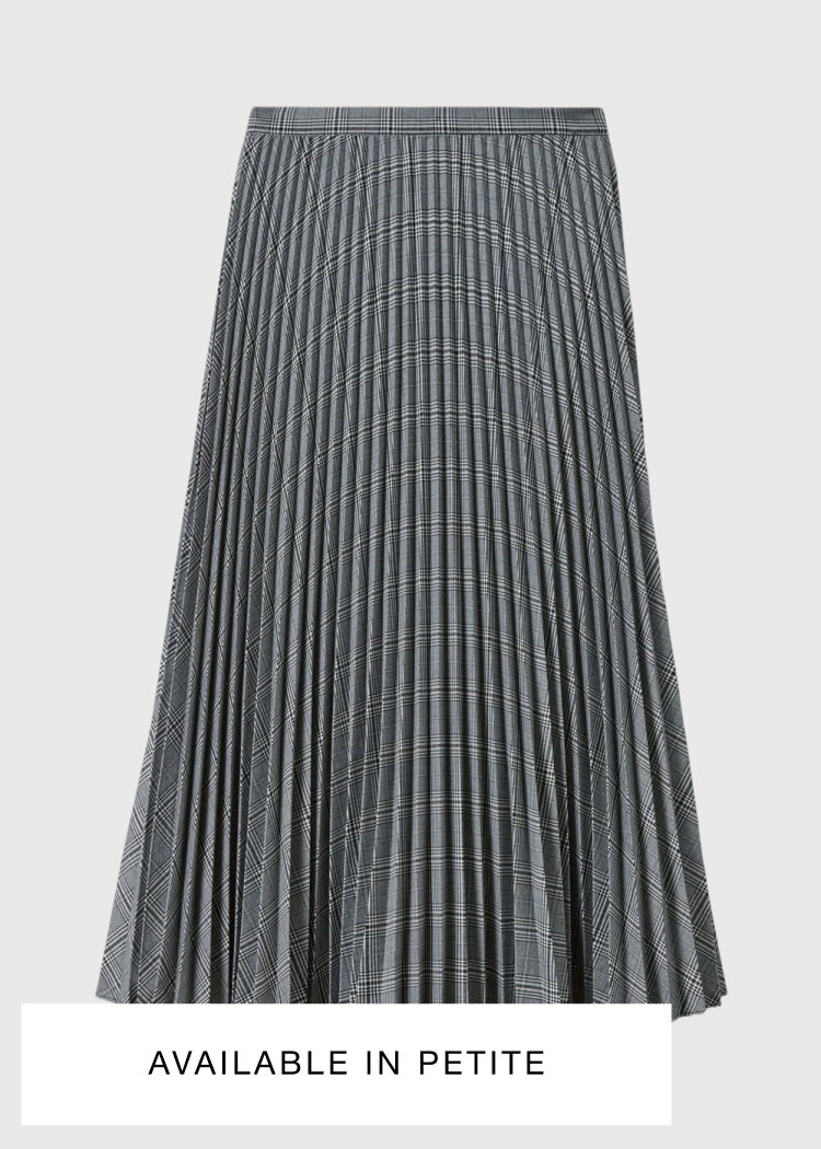 Grey Check Pleated Midi Skirt