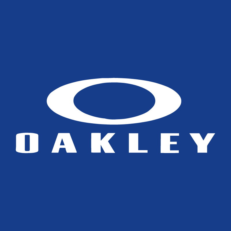 Oakley logo: white elliptical 'O' symbol above bold OAKLEY text on a solid blue background