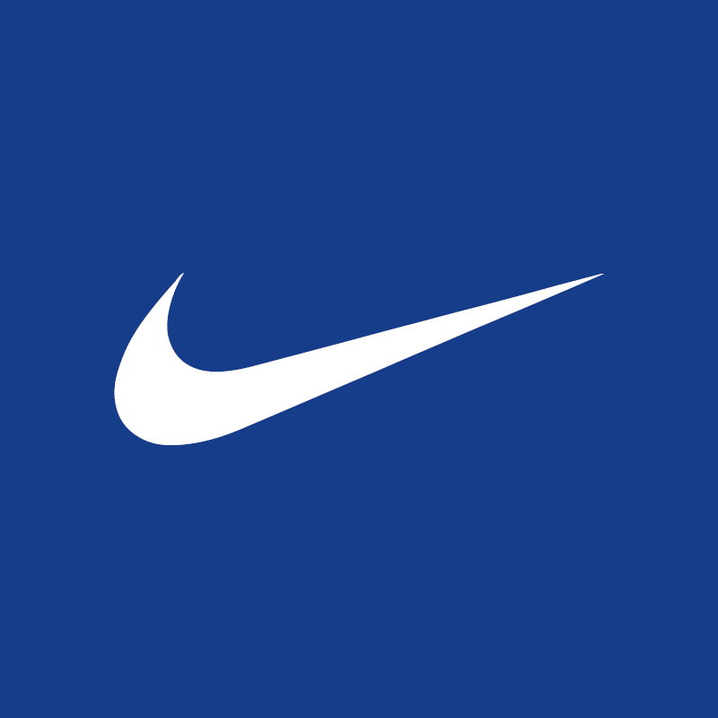White Nike Swoosh logo centered on a deep blue background