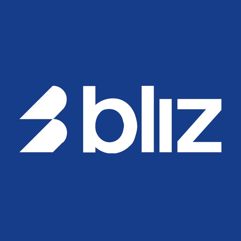 White Bliz wordmark with stylised 'B' symbol on solid blue background — company logo