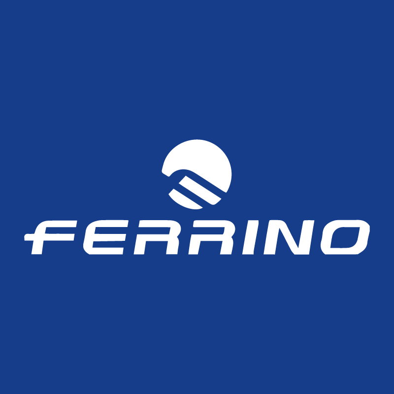 Ferrino company logo: white stylised emblem above bold 'FERRINO' text on a deep blue background