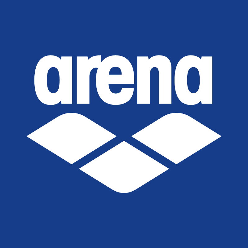 Arena logo: white lowercase 'arena' wordmark above three diamond-shaped swim tiles on a solid blue background
