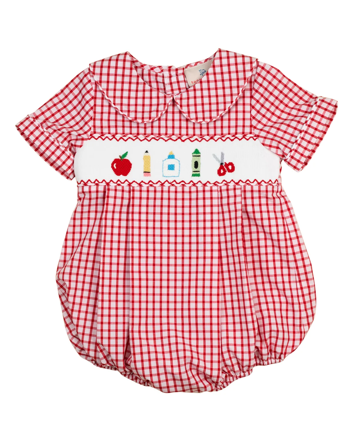 Image of School Supplies Smocked Red Windowpane Boy Bubble- FINAL SALE
