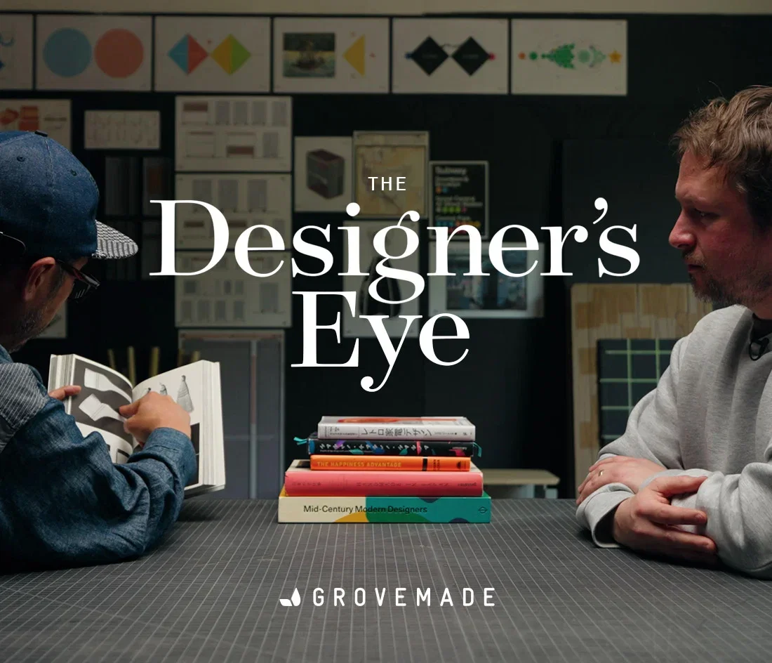 Title: The Designer's Eye. Image: Grovemade's founder and lead designer discussing the books that inspire them.