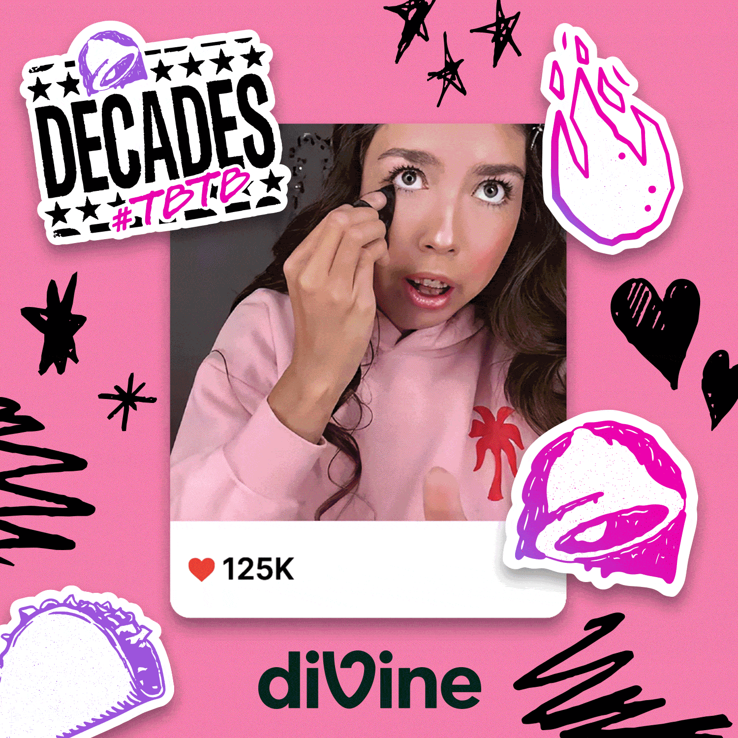 Images of a people gaming, a person skateboarding, and another putting on makeup. Promoting Taco Bell's Decades #TBTB and the new Divine app.