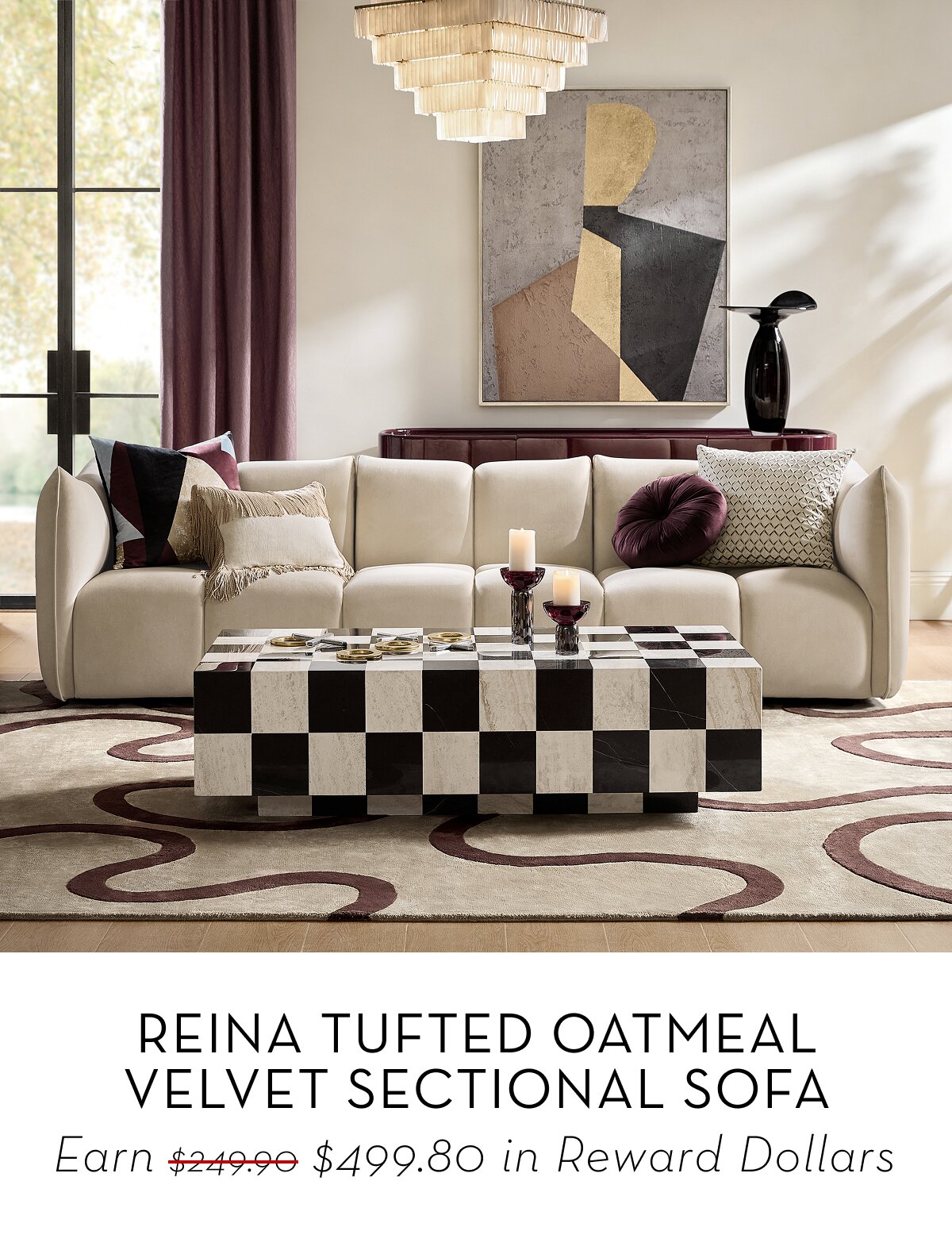 Reina 3-Piece Tufted Oatmeal Velvet Sectional Sofa