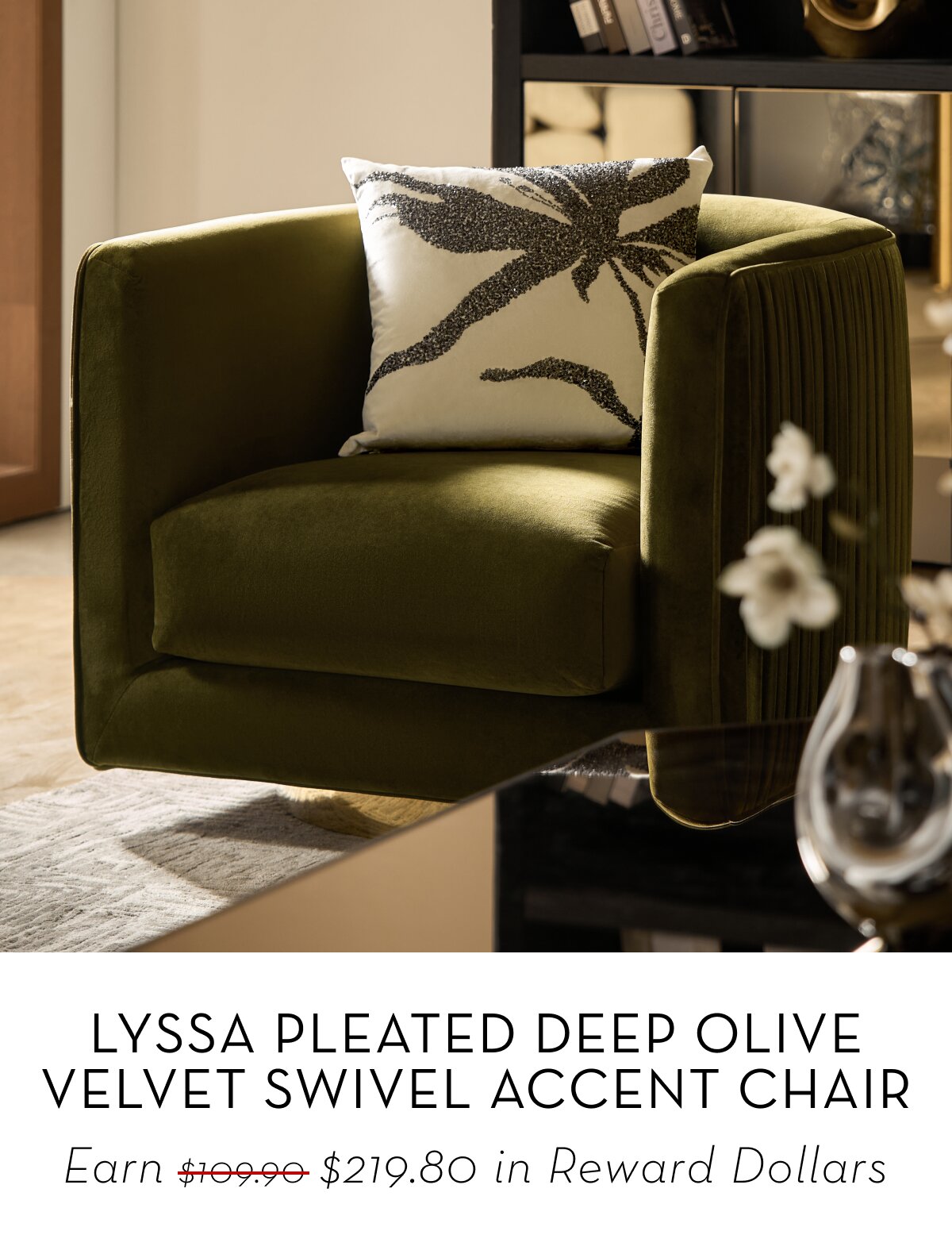 Lyssa Pleated Deep Olive Velvet Swivel Accent Chair